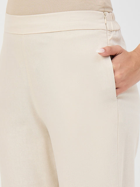 Madame Beige Elastic Waist Linen-Blend Trousers