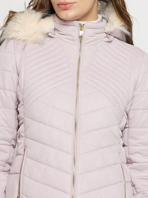 Madame Mauve Quilted Fur Collar Full Sleeve Short Jacket