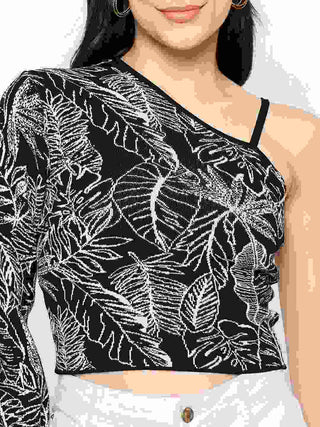 Madame Printed One Shoulder Black Knitted Top