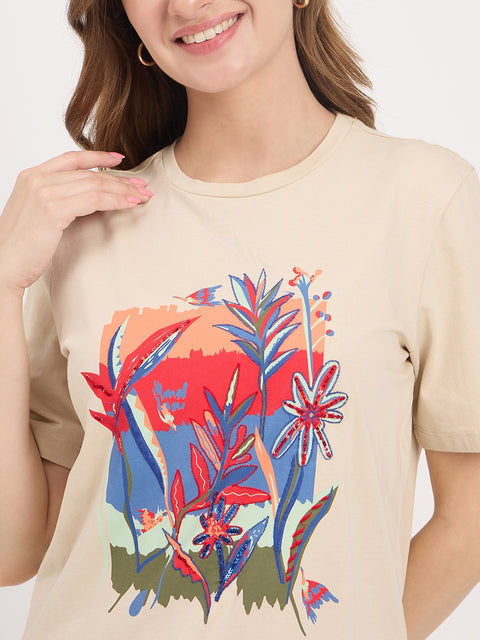 Madame Beige Graphic Print Cotton T-Shirt
