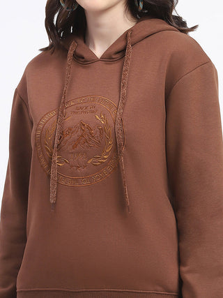 Madame Fleece Embroidered Closed Brown Hooded Sweatshirt