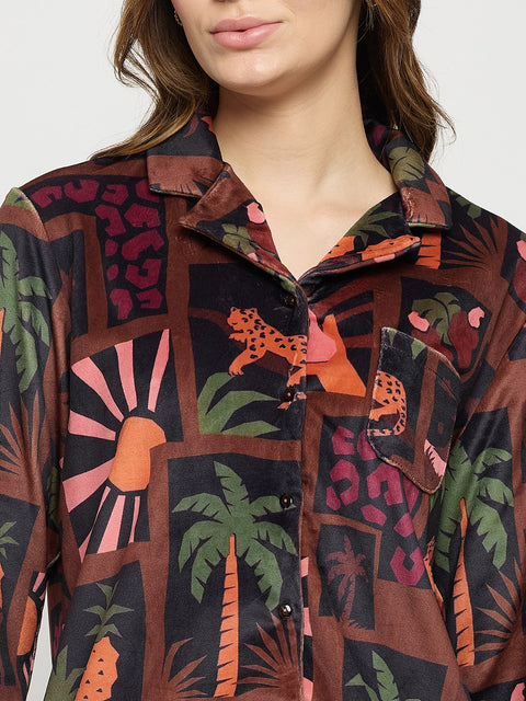 mSECRET Brown Printed Full Sleeve Night Suit