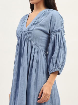 Madame Puff Sleeve Fit And Flare Cotton Blue Midi Dress