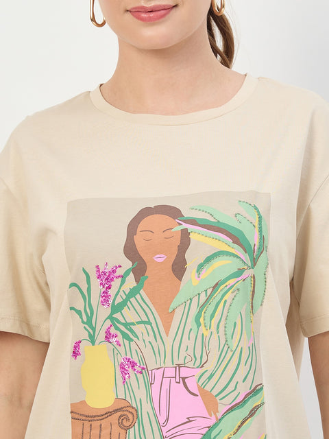 Madame Beige Graphic Print Cotton Round Neck T-Shirt