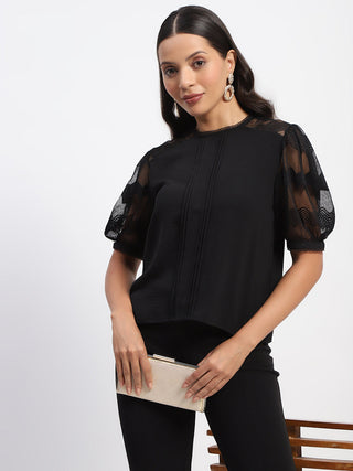 Madame Embroidered Crew Neck Black Mesh Top