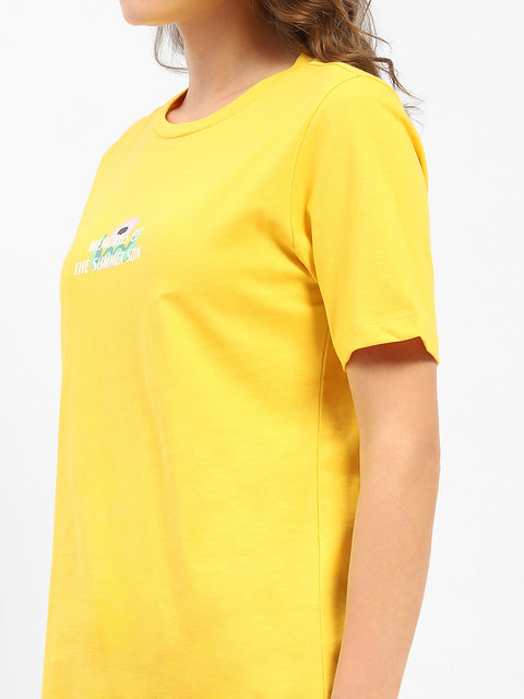 Madame Graphic Printed Round Neck Cotton Yellow T-Shirt