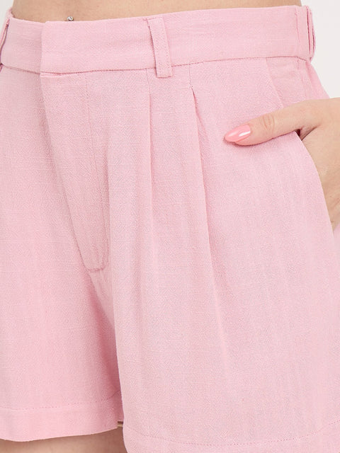 Madame Powder Pink Rayon Linen Pleated Shorts