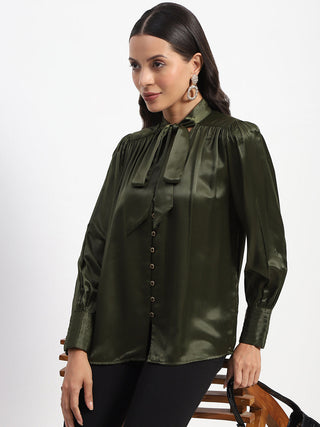 Madame Tie Up Neck Cuffed Sleeve Olive Top