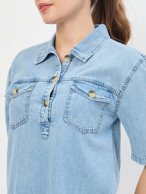 Madame Light Blue Cotton Tencel Embroidered Shirt Dress