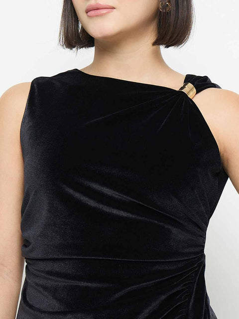 Madame Side Ruched Midi Black Sheath Dress