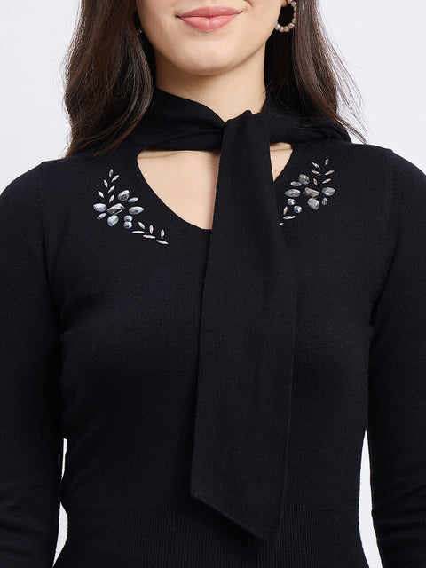 Madame Cinched Embellished Black Knit Dress