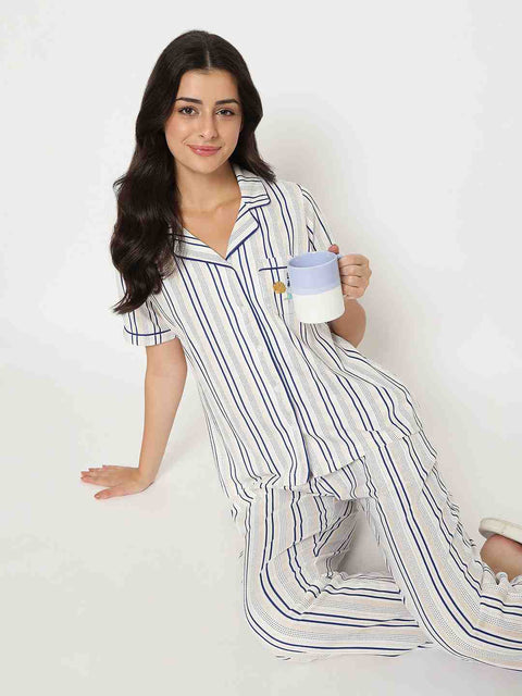 mSECRET Striped Top and Bottom Off-White Cotton Night Suit