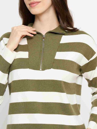 Madame Striped Zip Up Olive Green Sweater