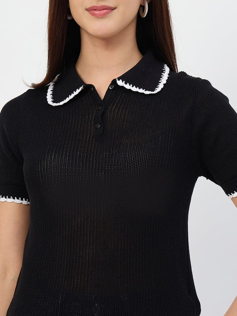 Madame Black Contrast Trim Cotton Polo T-Shirt