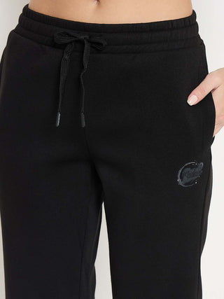 Madame Typography Print Black Cotton Blend Track Bottoms