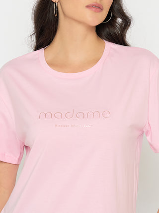Madame Typography Print Pink Cotton T-shirt