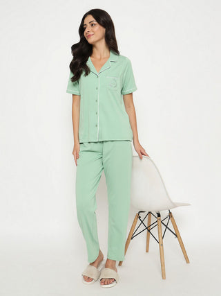 mSECRET Embossed Top and Bottom Mint Green Cotton Night Suit