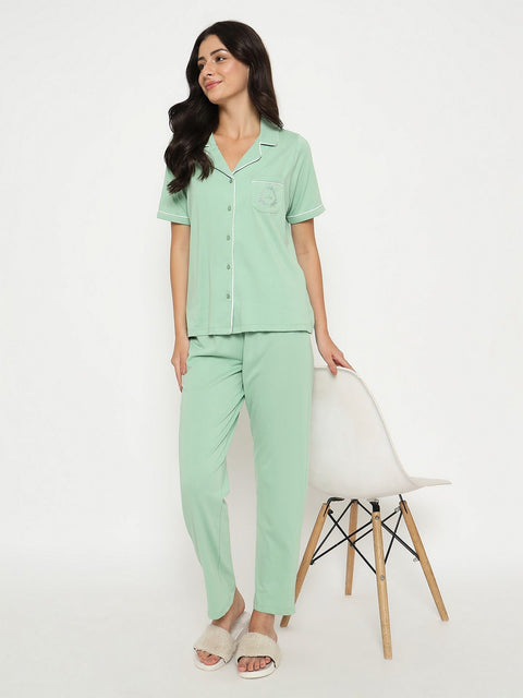 mSECRET Embossed Top and Bottom Mint Green Cotton Night Suit