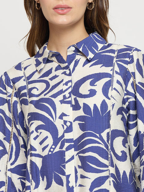 Madame Blue Rayon Full Sleeve Midi Shirt