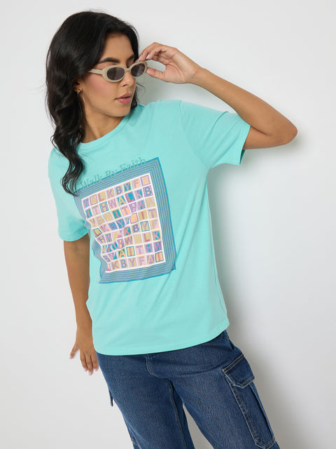 Madame Embroidered Graphic Print Cotton Aqua Blue T-Shirt