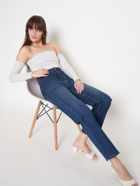 Madame Cotton Blend Rolled Hem Dark Blue Straight Jeans