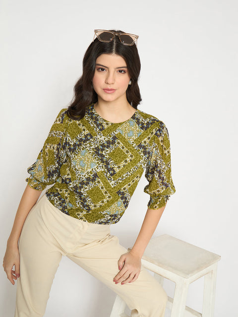 Madame Geometric Print Cinch Waist Green Top