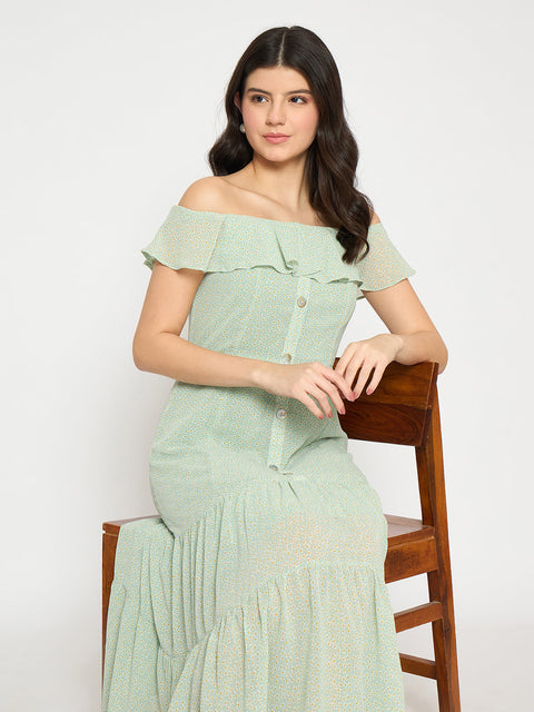 Madame Off Shoulder Solid Green Midi Dress