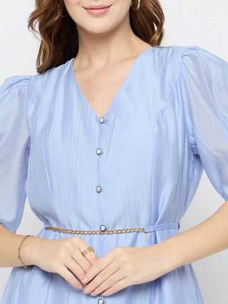 Madame Textured Belted Blue Mini A Line Dress