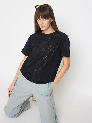 Madame Swarovski Detailed Graphic Print Charcoal Black Tshirt