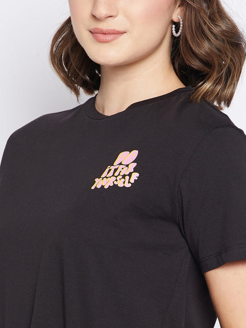 Madame Black Typography Round Neck Top