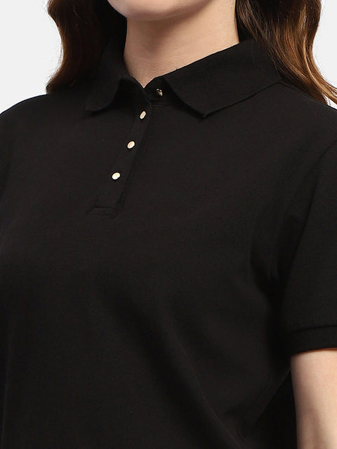 Madame Solid Black Polo Neck T-Shirt