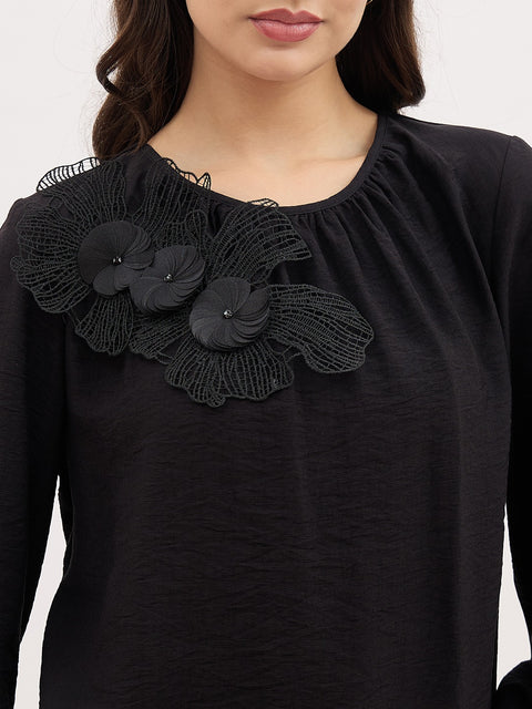Madame Black 3D Floral Applique Crinkle Top