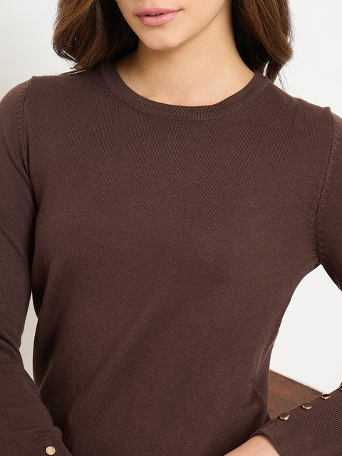 Madame Coffee Brown Round Neck Sweater with Cuff Sleeves
