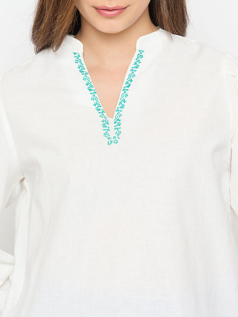 Madame Cotton Blend Balloon Sleeve White Top