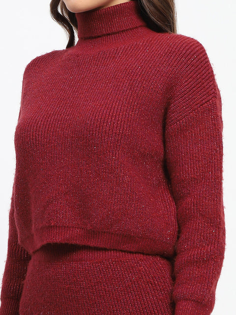 Madame Red Shimmery Turtleneck Top and Skirt Co-ord Set