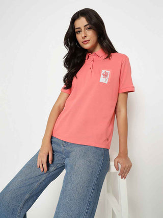 Madame Graphic Print Adorned Cotton Blend Coral Polo T-shirt
