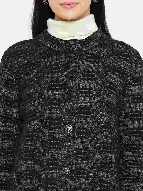 Madame Self Design Black Cardigan featuring a soft blend, textured design, and button details.
