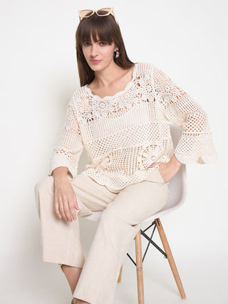 Madame Crochet Bell Sleeve Beige Knit Top