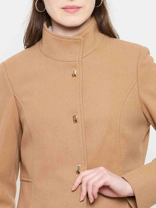 Madame Stand Collar Beige Long Coat with Buttons
