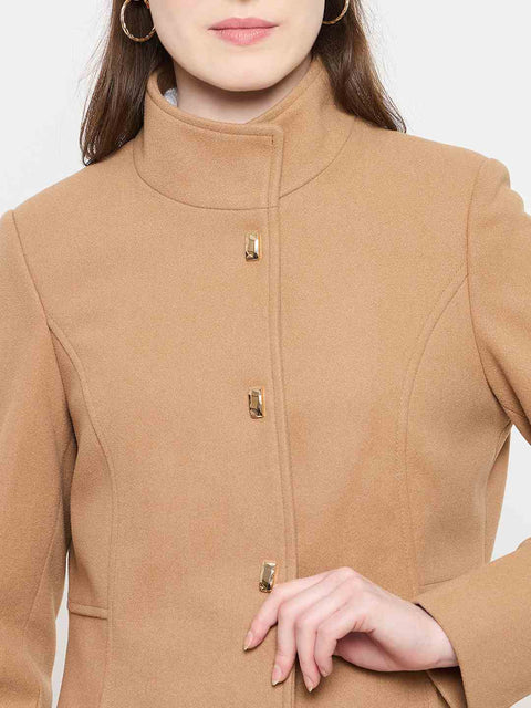 Madame Stand Collar Beige Long Coat with Buttons