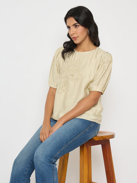 Madame Embellished Rayon Blend Beige Top