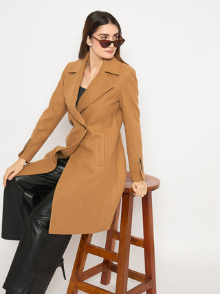 Madame Front Welt Pocketed Double Breasted Khaki Long Coat