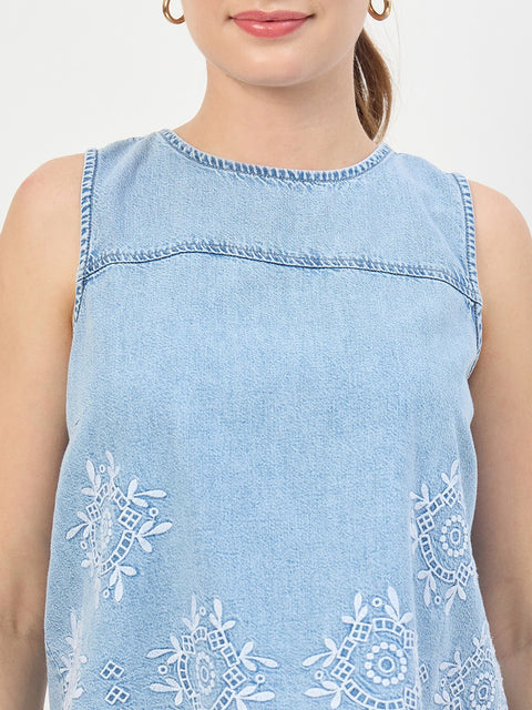 Madame Ice Blue Cotton Tencel Embroidered Sleeveless Denim Top