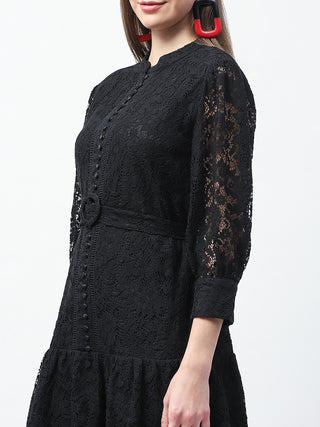 Madame Sheer Embroidered Belted Mini Black Mesh Dress