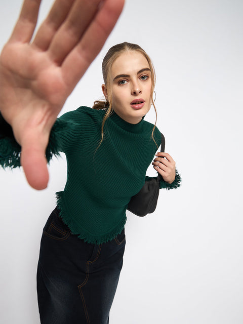 Madame Fringe Hem Mock Neck Green Sweater