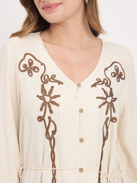 Madame Beige Embroidered Rayon Linen Puff Sleeve Midi Dress