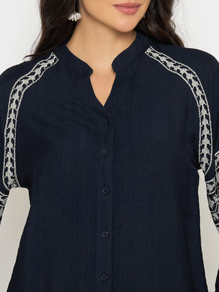 Madame Embroidered Navy Blue Rayon Blend Top