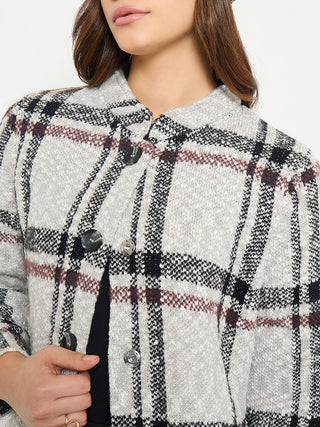 Madame Plaid Print Grey Long Cardigan