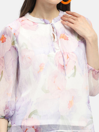 Madame Tie-Up Neck Off-White Floral Top