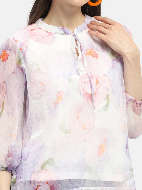Madame Tie-Up Neck Off-White Floral Top